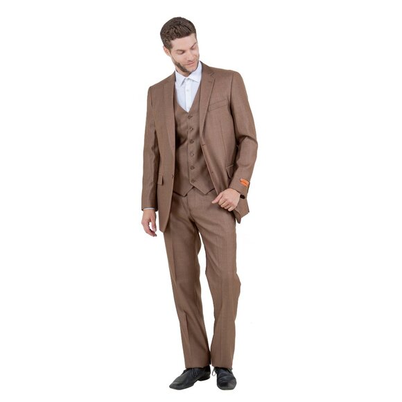 Modern Fit Sharkskin 3pc Men's Suit Set, Toast - Picture 2 of 6